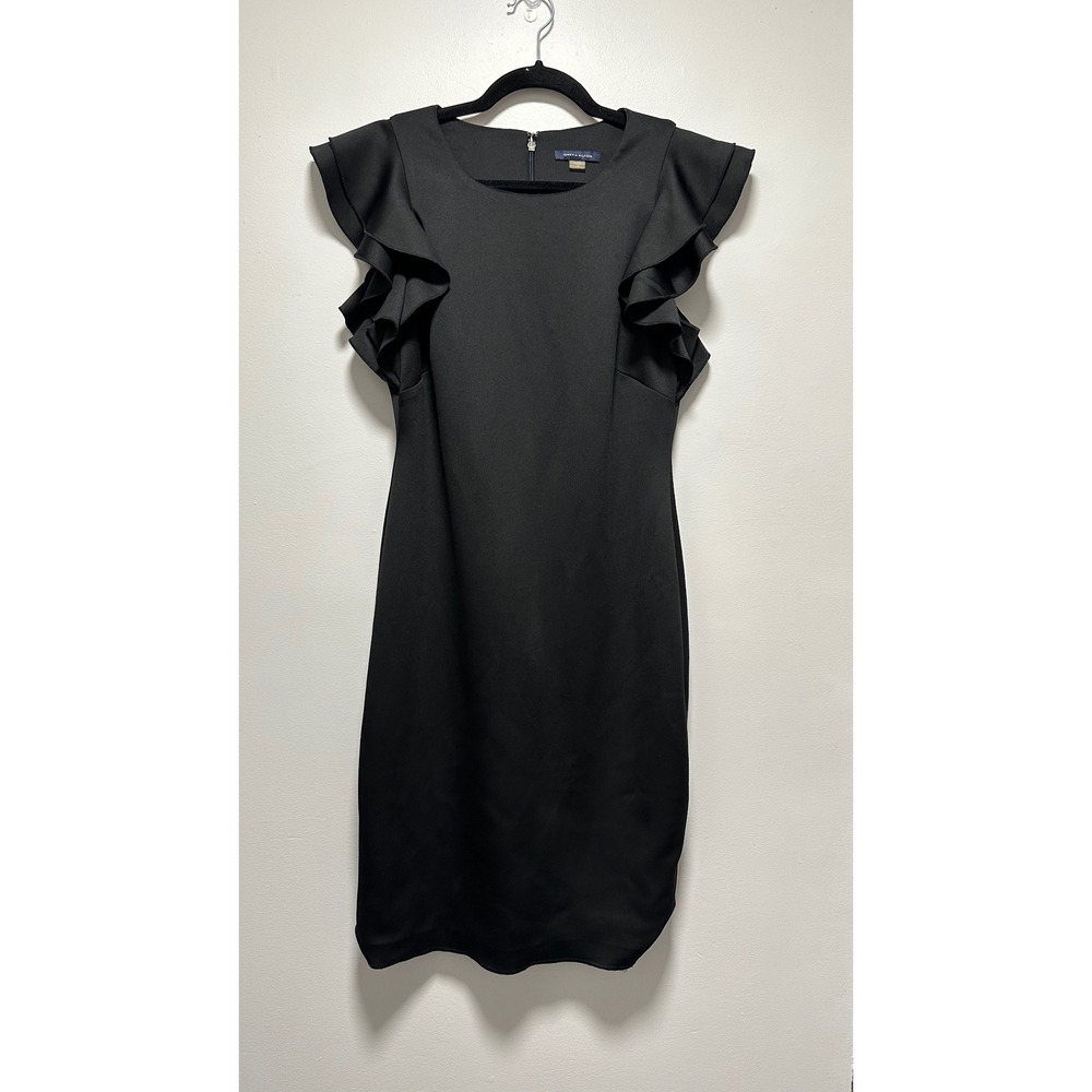 Tommy Hilfiger Womens Black Ruffle Sleeve Sheath Dress Size 10 Scuba Knit